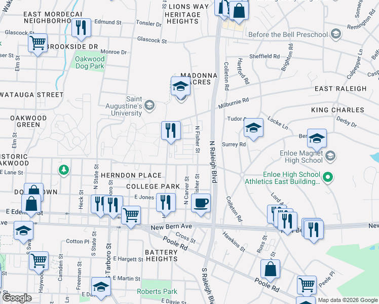map of restaurants, bars, coffee shops, grocery stores, and more near in Raleigh