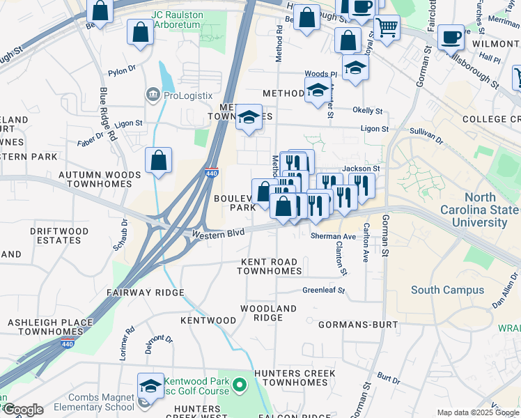 map of restaurants, bars, coffee shops, grocery stores, and more near 4102 Reavis Road in Raleigh