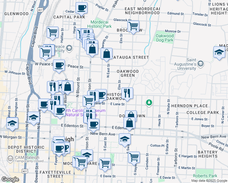 map of restaurants, bars, coffee shops, grocery stores, and more near 517 Oakwood Avenue in Raleigh