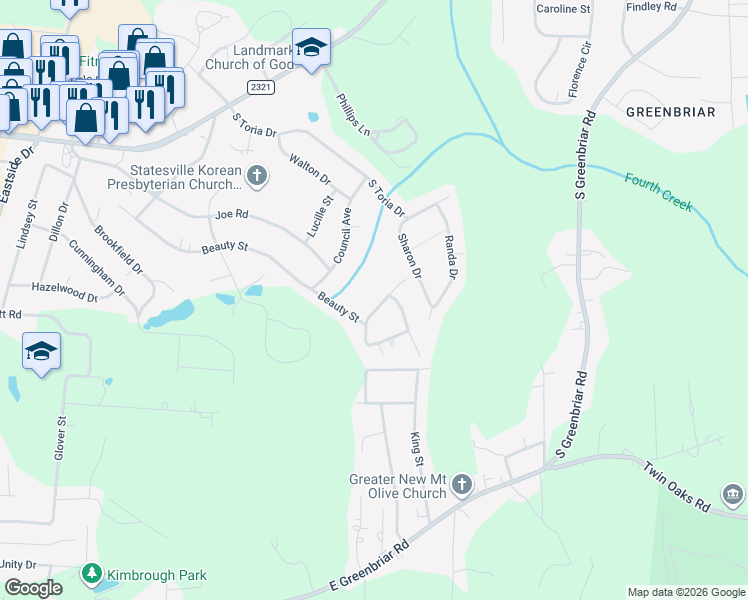 map of restaurants, bars, coffee shops, grocery stores, and more near 730 Stonecrest Drive in Statesville