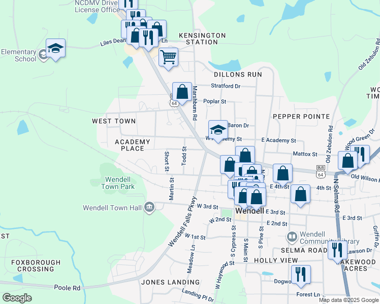 map of restaurants, bars, coffee shops, grocery stores, and more near 329 Wall Street in Wendell