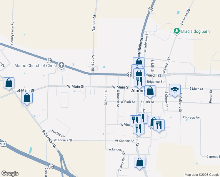 map of restaurants, bars, coffee shops, grocery stores, and more near 216 West Main Street in Alamo