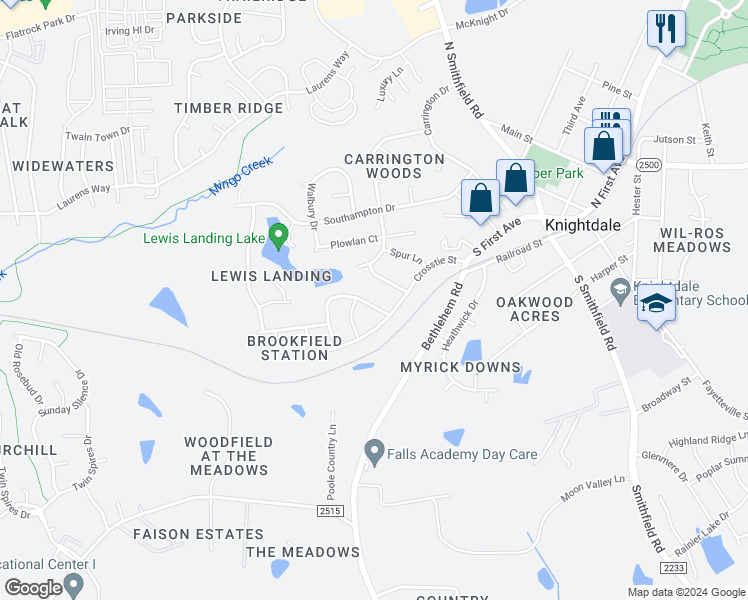 map of restaurants, bars, coffee shops, grocery stores, and more near 109 Switchback Street in Knightdale