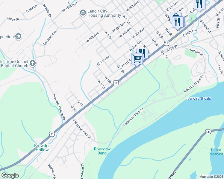 map of restaurants, bars, coffee shops, grocery stores, and more near 725 West Broadway Street in Lenoir City