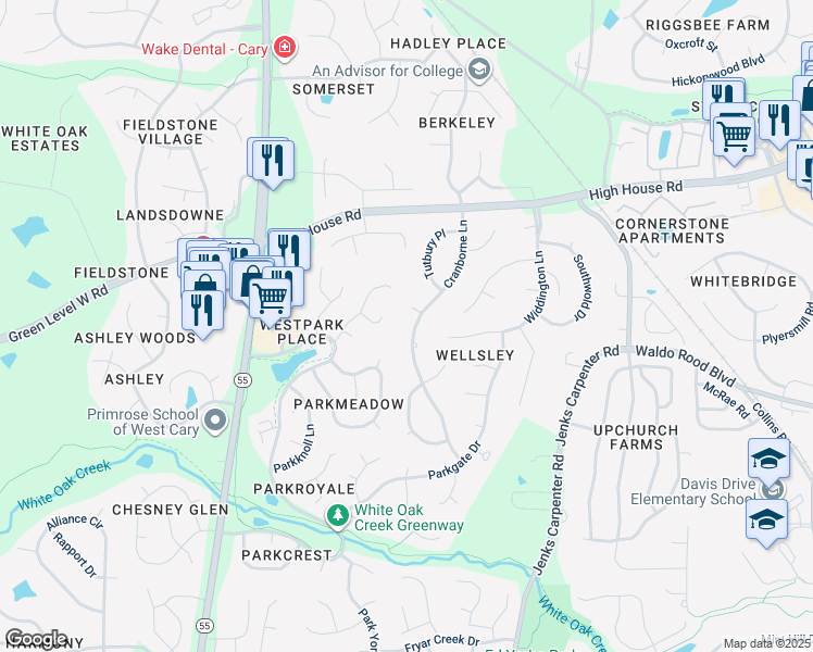 map of restaurants, bars, coffee shops, grocery stores, and more near 402 Cranborne Lane in Cary