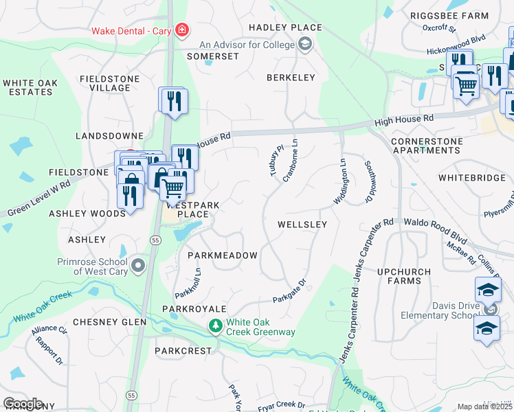 map of restaurants, bars, coffee shops, grocery stores, and more near 402 Cranborne Lane in Cary