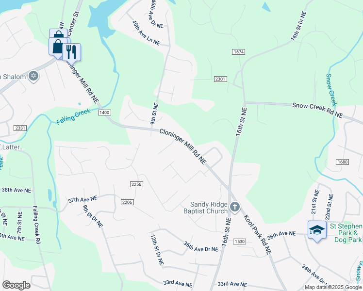 map of restaurants, bars, coffee shops, grocery stores, and more near 1130 Cloninger Mill Road Northeast in Hickory