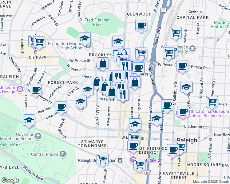 map of restaurants, bars, coffee shops, grocery stores, and more near 650 West North Street in Raleigh