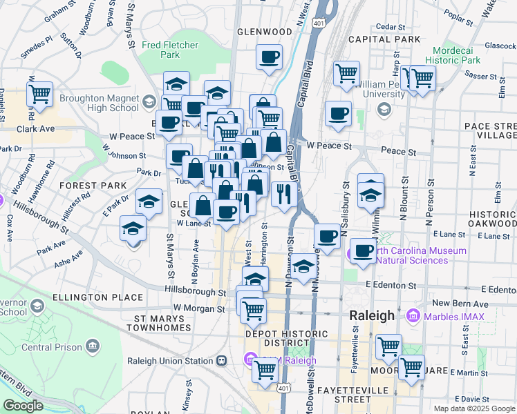 map of restaurants, bars, coffee shops, grocery stores, and more near in Raleigh