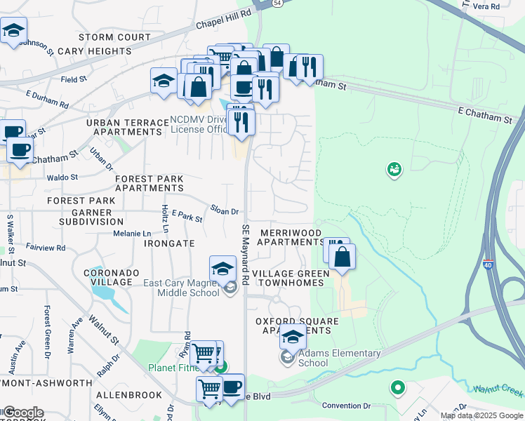map of restaurants, bars, coffee shops, grocery stores, and more near Unnamed Road in Cary