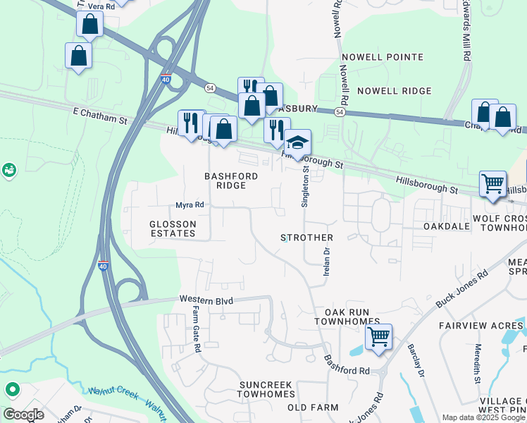map of restaurants, bars, coffee shops, grocery stores, and more near 6034 Inona Place in Raleigh