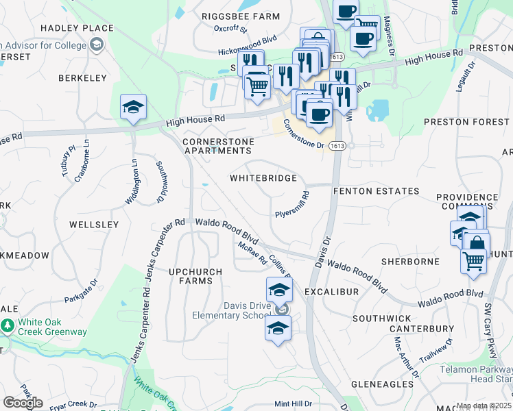 map of restaurants, bars, coffee shops, grocery stores, and more near 208 Plyersmill Road in Cary