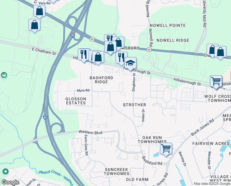map of restaurants, bars, coffee shops, grocery stores, and more near 6054 Inona Place in Raleigh