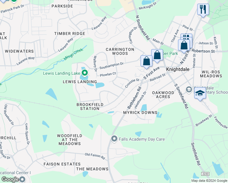 map of restaurants, bars, coffee shops, grocery stores, and more near 109 Switchback Street in Knightdale