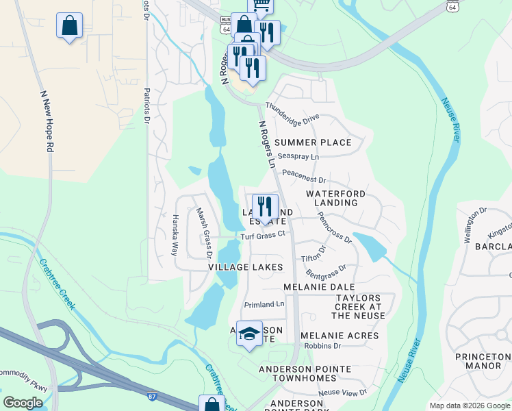 map of restaurants, bars, coffee shops, grocery stores, and more near 5216 Anchorage Way in Raleigh