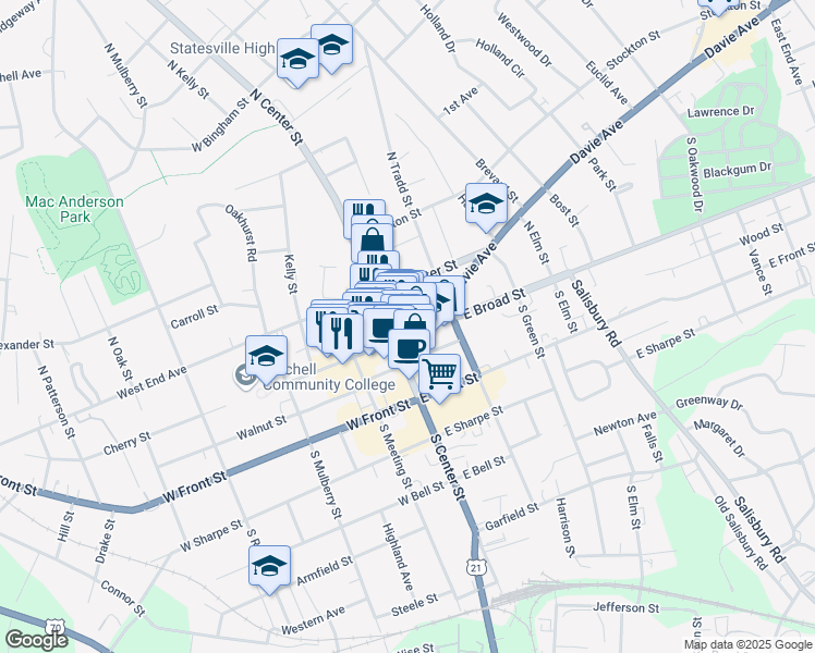 map of restaurants, bars, coffee shops, grocery stores, and more near 111 East Broad Street in Statesville