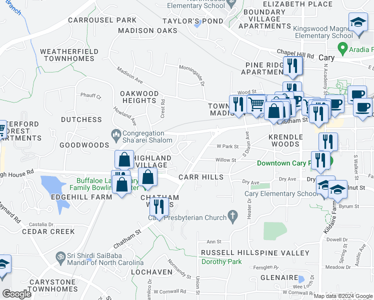 map of restaurants, bars, coffee shops, grocery stores, and more near 3016 Winfred Dell Lane in Cary