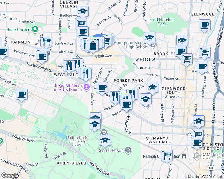 map of restaurants, bars, coffee shops, grocery stores, and more near 117 Forest Road in Raleigh