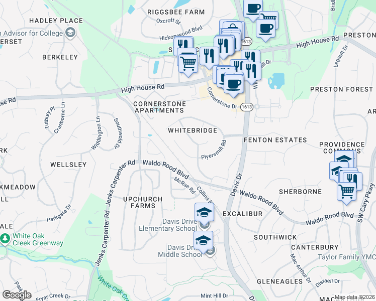 map of restaurants, bars, coffee shops, grocery stores, and more near 112 Littleford Lane in Cary