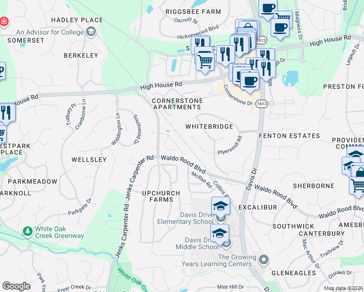 map of restaurants, bars, coffee shops, grocery stores, and more near 217 Plyersmill Road in Cary
