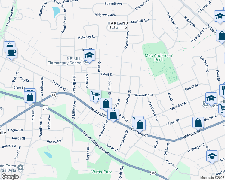 map of restaurants, bars, coffee shops, grocery stores, and more near 315 Oakland Avenue in Statesville