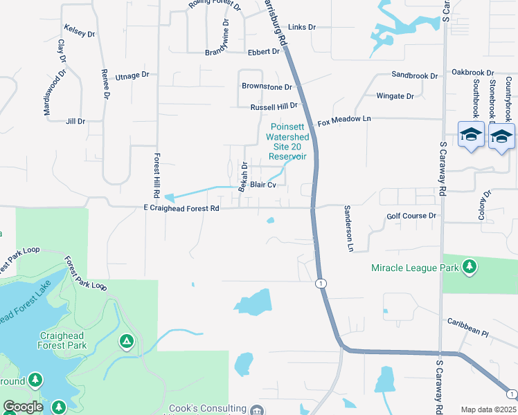 map of restaurants, bars, coffee shops, grocery stores, and more near 934 East Craighead Forest Road in Jonesboro