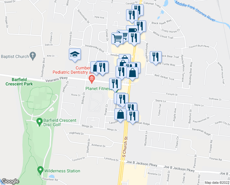 map of restaurants, bars, coffee shops, grocery stores, and more near 3060 South Church Street in Murfreesboro