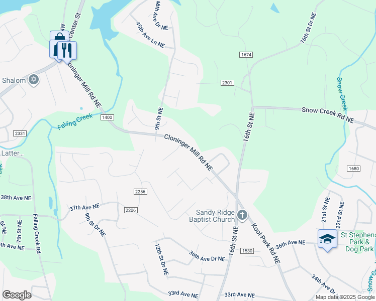map of restaurants, bars, coffee shops, grocery stores, and more near 1130 Cloninger Mill Road Northeast in Hickory