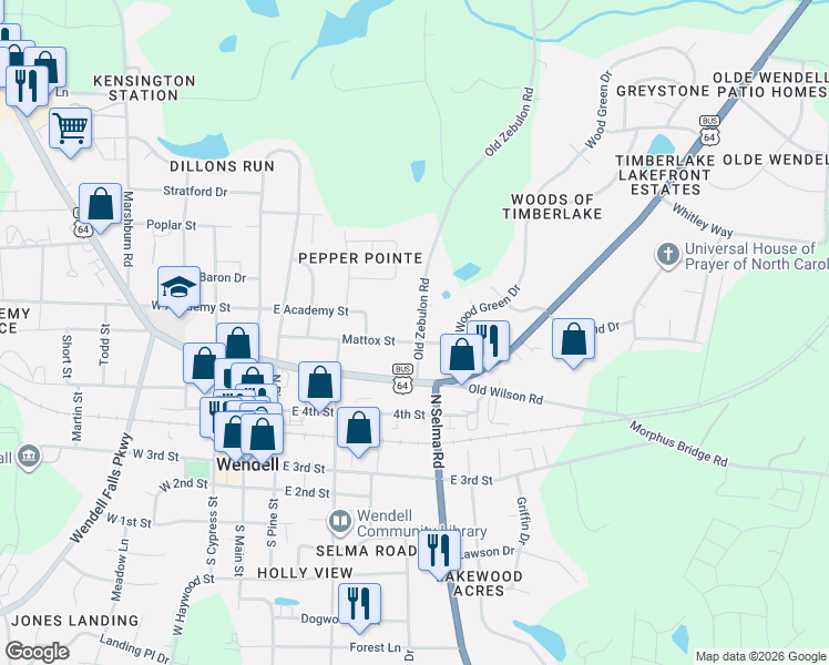 map of restaurants, bars, coffee shops, grocery stores, and more near 345 Mattox Street in Wendell