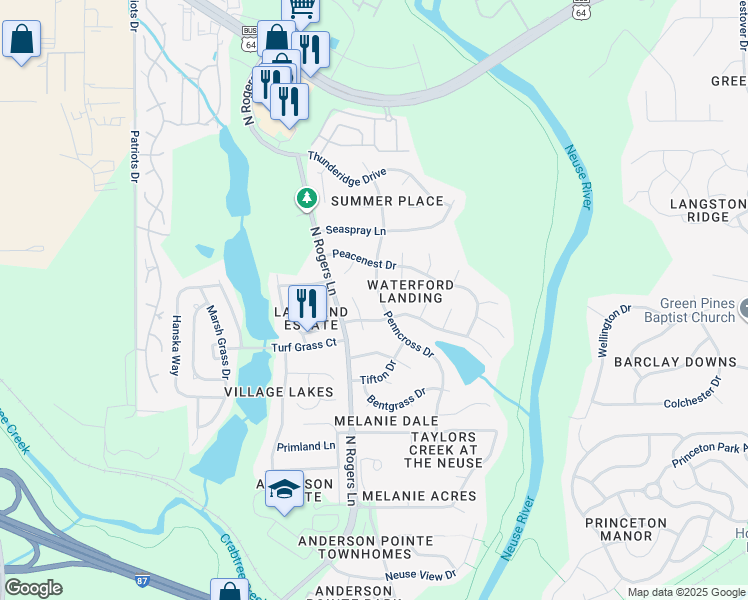 map of restaurants, bars, coffee shops, grocery stores, and more near 813 Penncross Drive in Raleigh