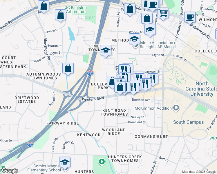 map of restaurants, bars, coffee shops, grocery stores, and more near 4102 Reavis Road in Raleigh