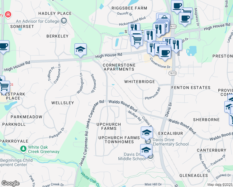 map of restaurants, bars, coffee shops, grocery stores, and more near 220 Mabley Place in Cary