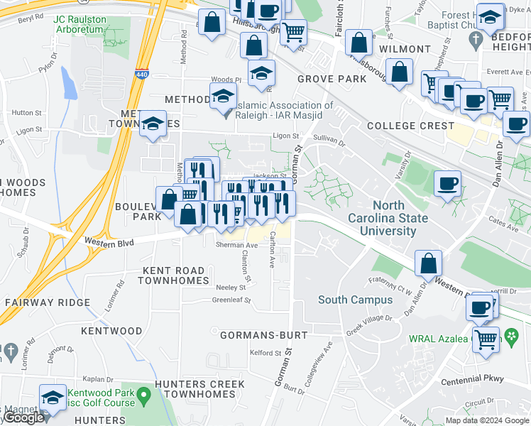 map of restaurants, bars, coffee shops, grocery stores, and more near 3808 Western Boulevard in Raleigh