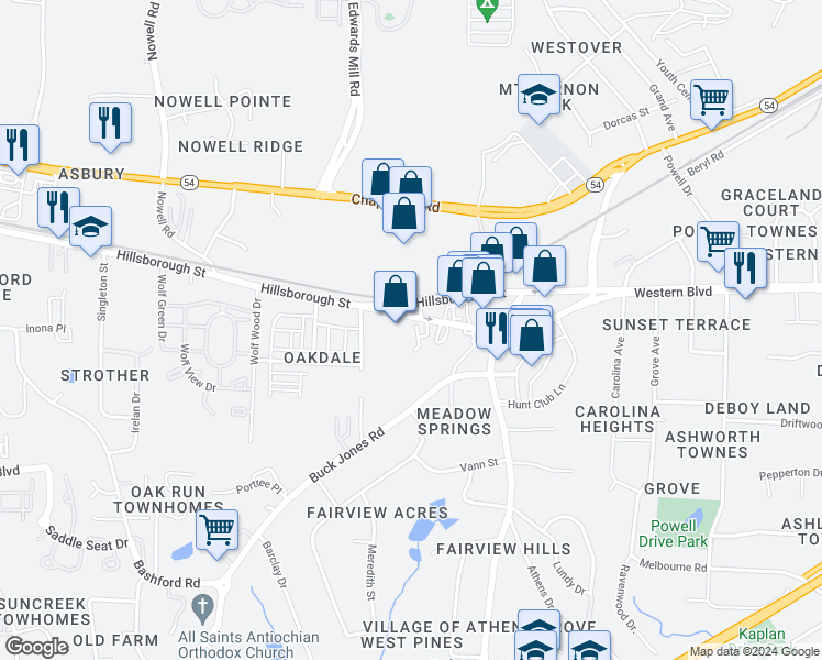 map of restaurants, bars, coffee shops, grocery stores, and more near 20 Red Lane in Raleigh