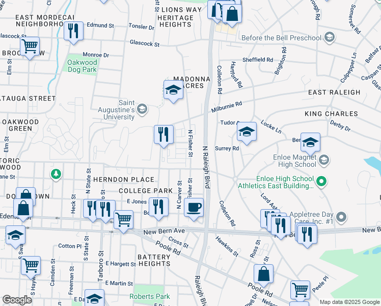 map of restaurants, bars, coffee shops, grocery stores, and more near in Raleigh