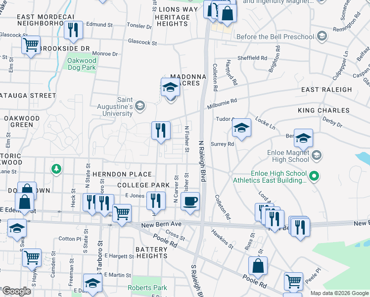 map of restaurants, bars, coffee shops, grocery stores, and more near in Raleigh