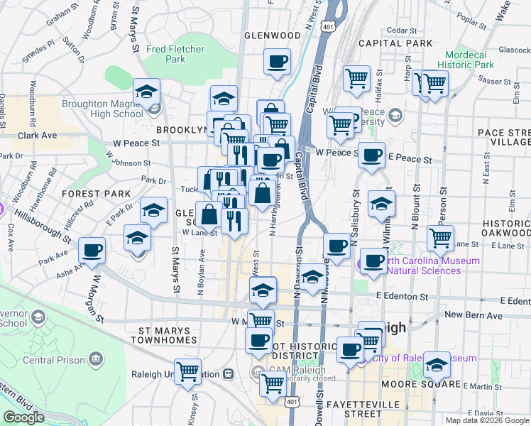 map of restaurants, bars, coffee shops, grocery stores, and more near in Raleigh
