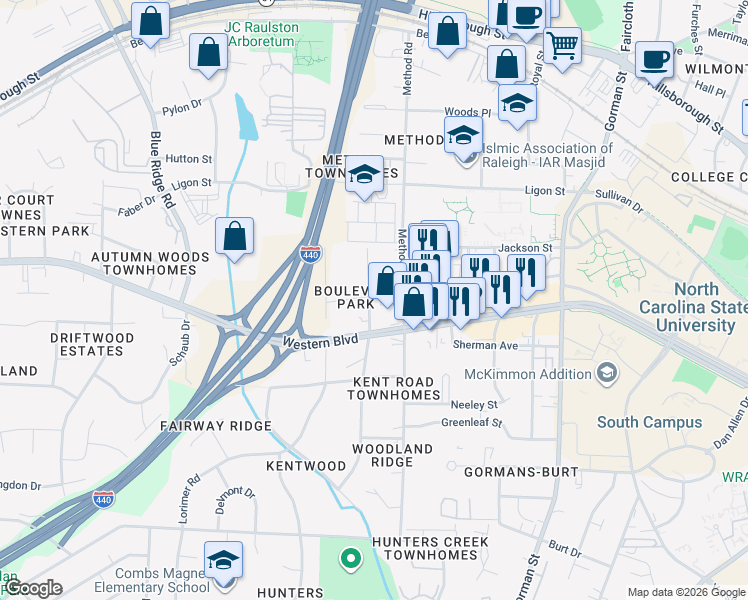 map of restaurants, bars, coffee shops, grocery stores, and more near 4102 Reavis Road in Raleigh