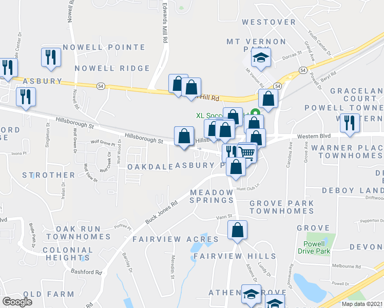 map of restaurants, bars, coffee shops, grocery stores, and more near 10-73 Red Lane in Raleigh