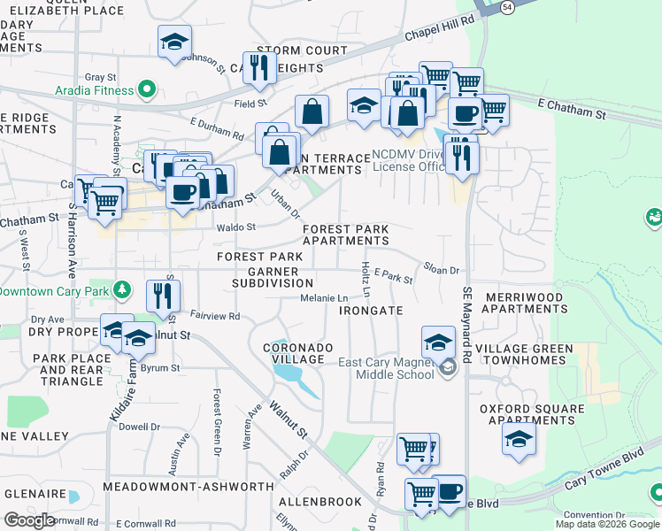 map of restaurants, bars, coffee shops, grocery stores, and more near 220 Clay Street in Cary