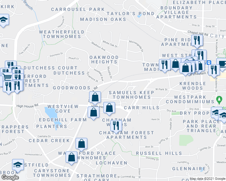 map of restaurants, bars, coffee shops, grocery stores, and more near 520 Matheson Place in Cary
