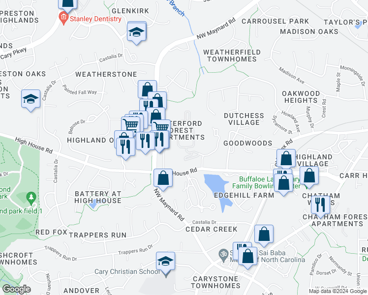 map of restaurants, bars, coffee shops, grocery stores, and more near 1134 Waterford Forest Circle in Cary