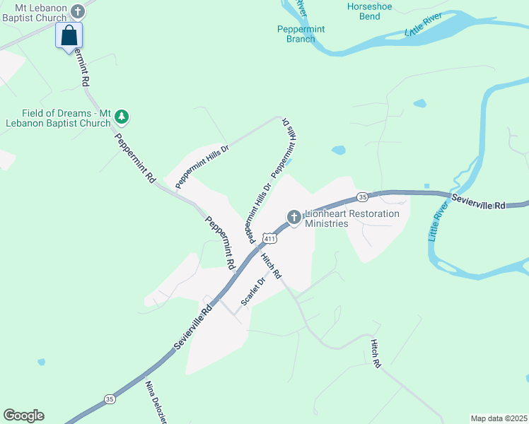 map of restaurants, bars, coffee shops, grocery stores, and more near 3547 Peppermint Hills Drive in Maryville