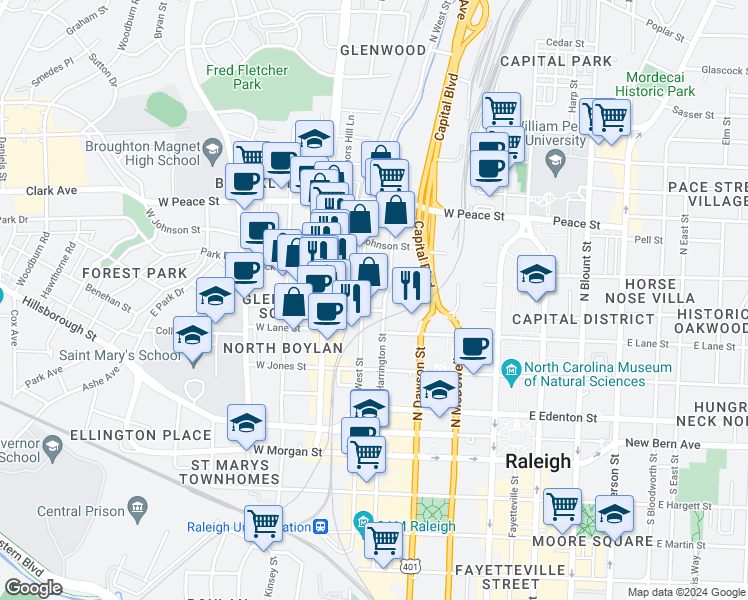 map of restaurants, bars, coffee shops, grocery stores, and more near 400 West North Street in Raleigh