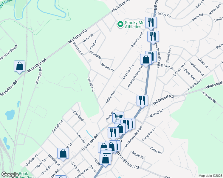 map of restaurants, bars, coffee shops, grocery stores, and more near 2325 Bittle Avenue in Maryville