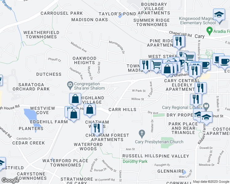 map of restaurants, bars, coffee shops, grocery stores, and more near 3022 Winfred Dell Lane in Cary