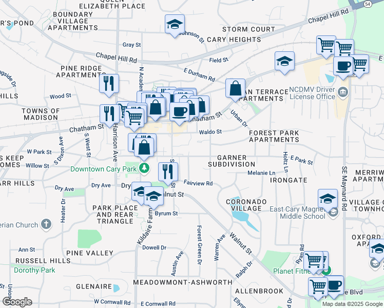 map of restaurants, bars, coffee shops, grocery stores, and more near 100 Fairgrove Way in Cary