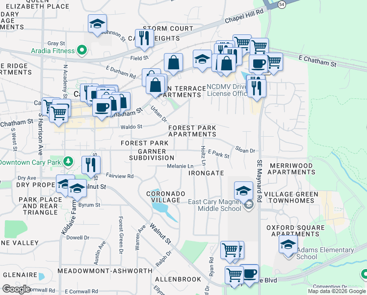map of restaurants, bars, coffee shops, grocery stores, and more near 220 Clay Street in Cary