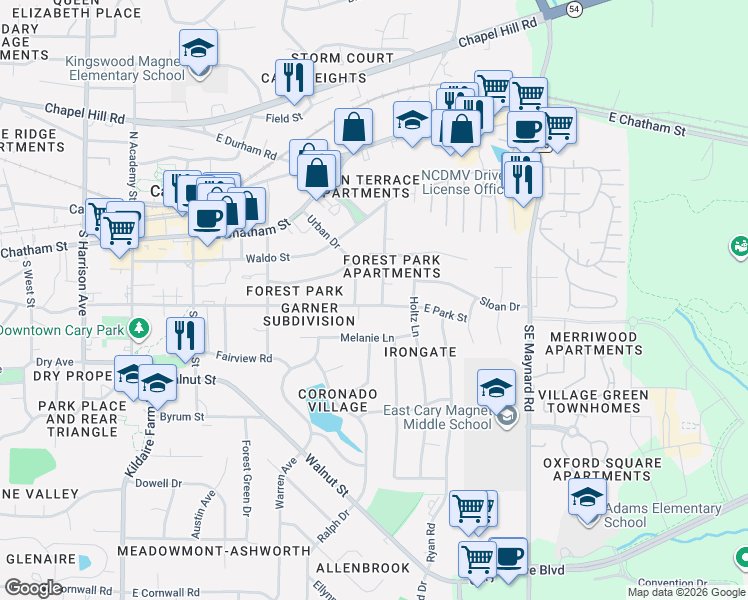 map of restaurants, bars, coffee shops, grocery stores, and more near 220 Clay Street in Cary