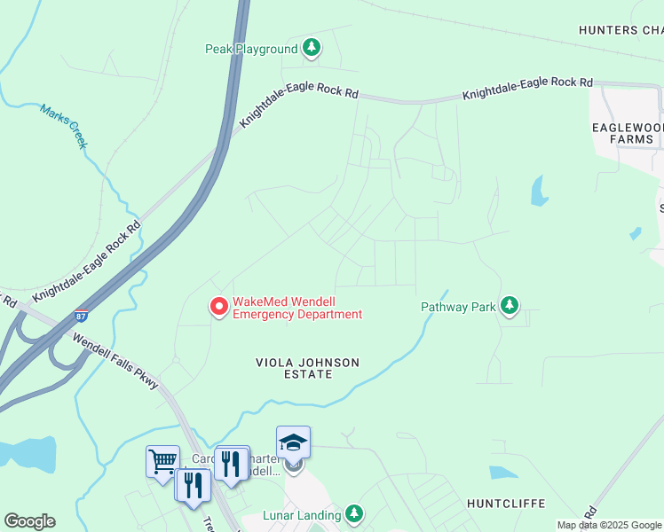 map of restaurants, bars, coffee shops, grocery stores, and more near 1221 Barreto Drive in Wendell